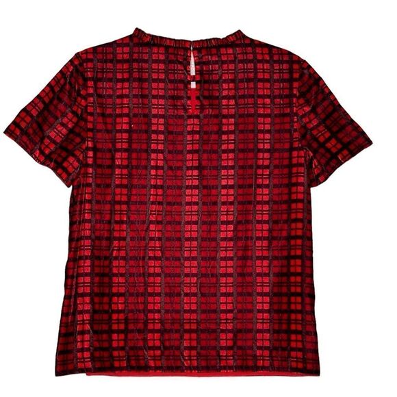 Draper James Red Plaid Velvet Ruffle Neck Top | Size S - Picture 2 of 7